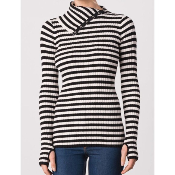 Margaret O'Leary Black & White Striped Snap Turtleneck Top Lightweight Sweater L - Picture 1 of 14